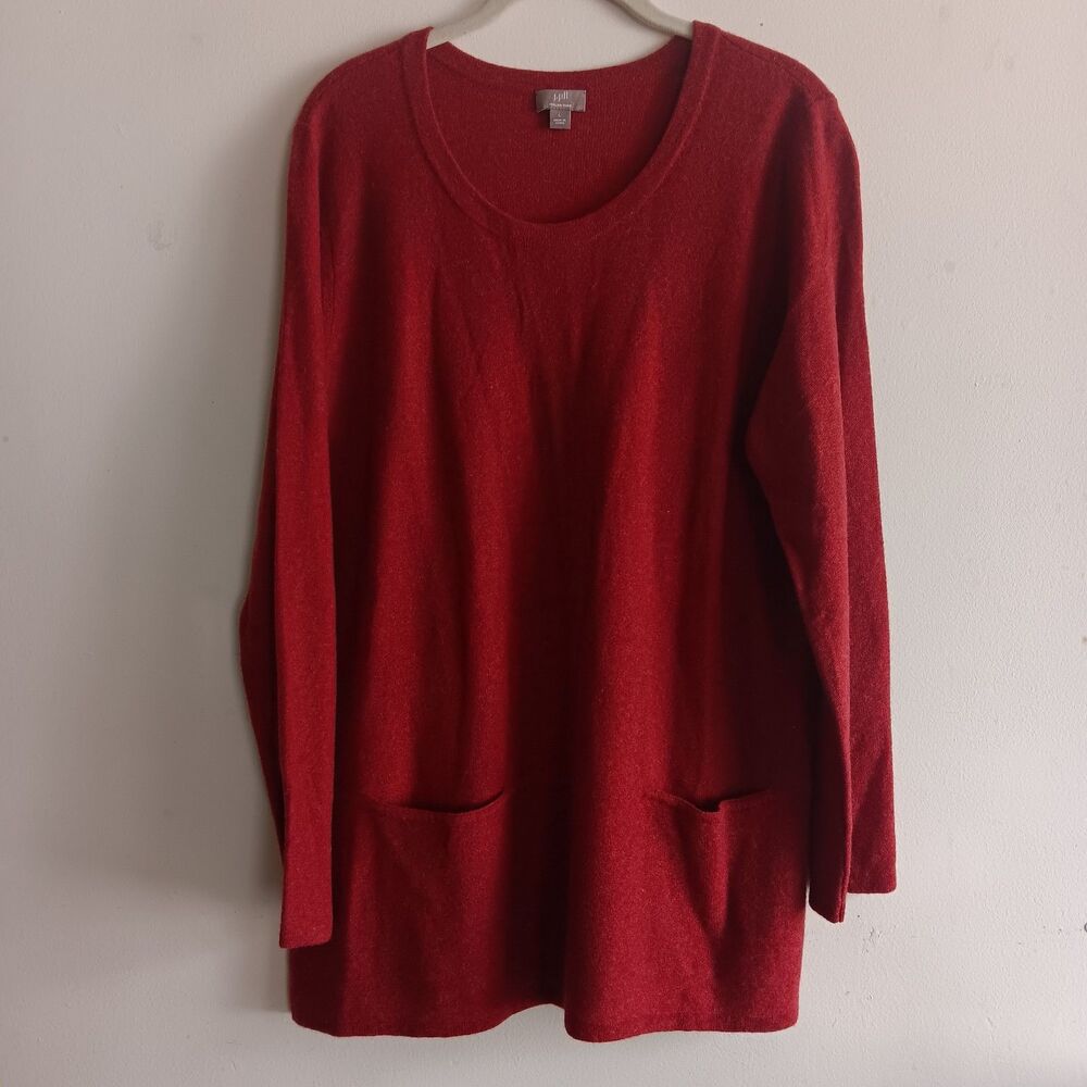 J jill Red Long Sleeve Wool Cashmere Knit Tunic Sweater Lightweight Pockets